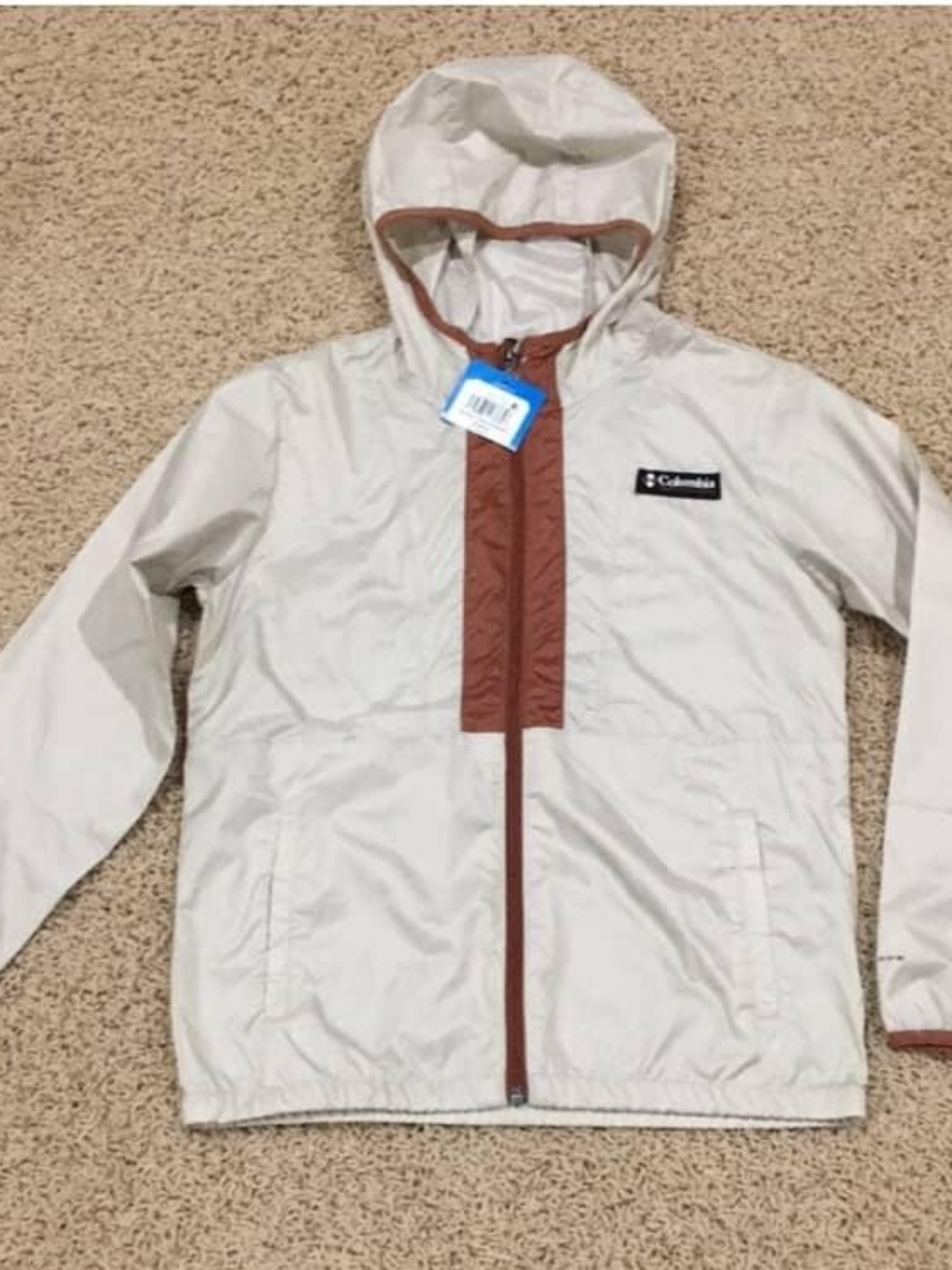 Columbia Kids Hooded Rain Jacket in Cream with Brown Trim